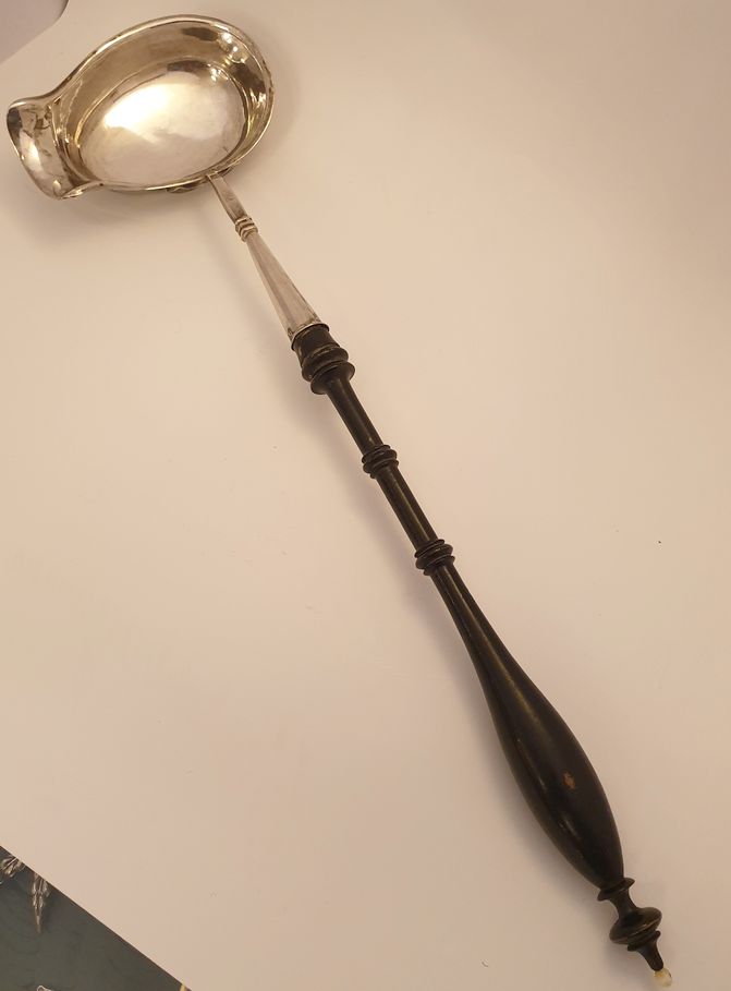 Soup ladle electroplate blackened wood