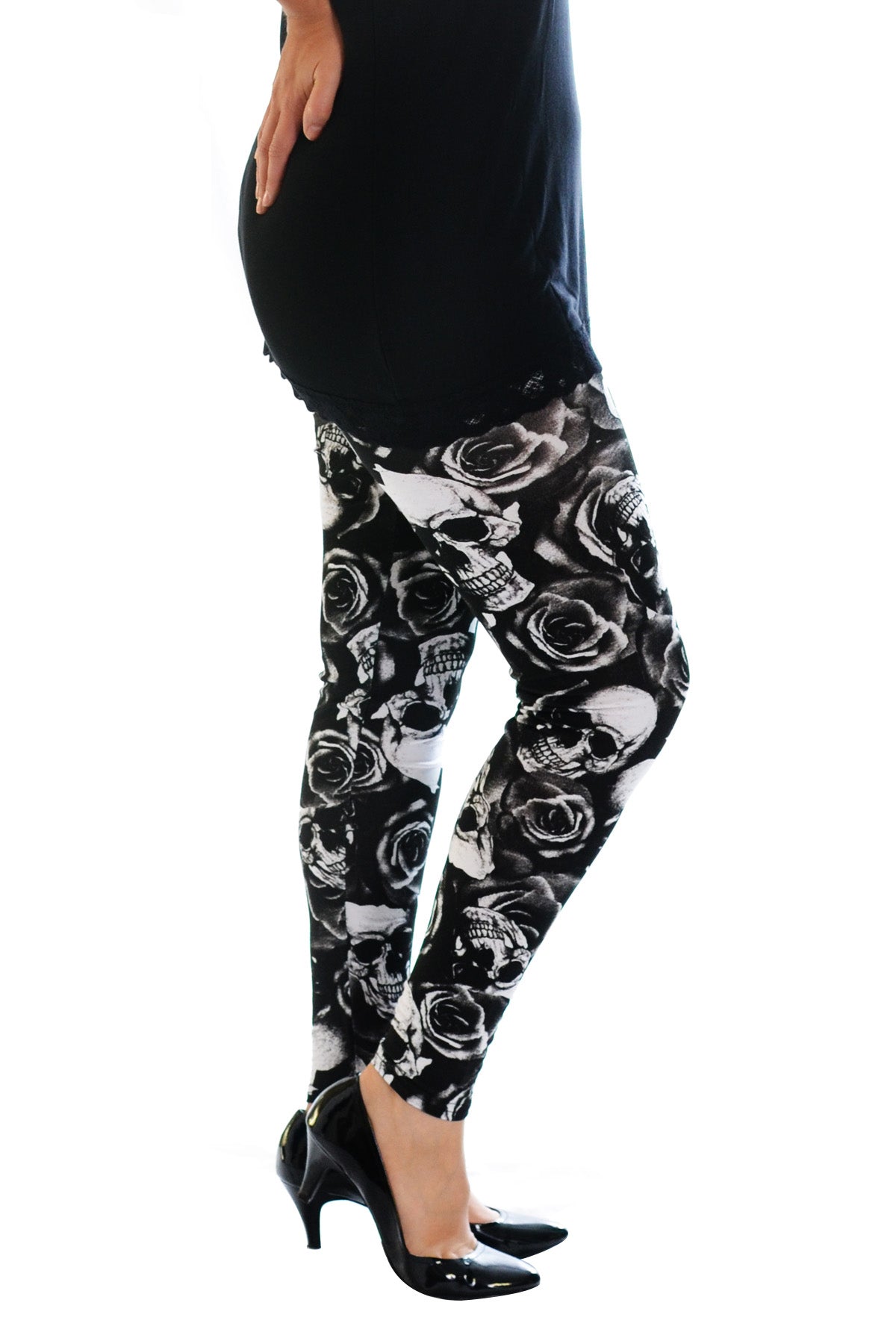 Leggings med resårmidja, döskalle&rosor 