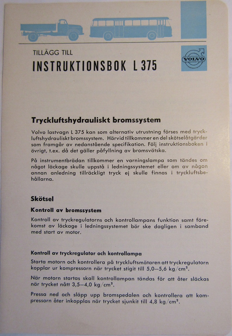 1961 Volvo L 375 Starke Instruktionsbok tillägg 12.60