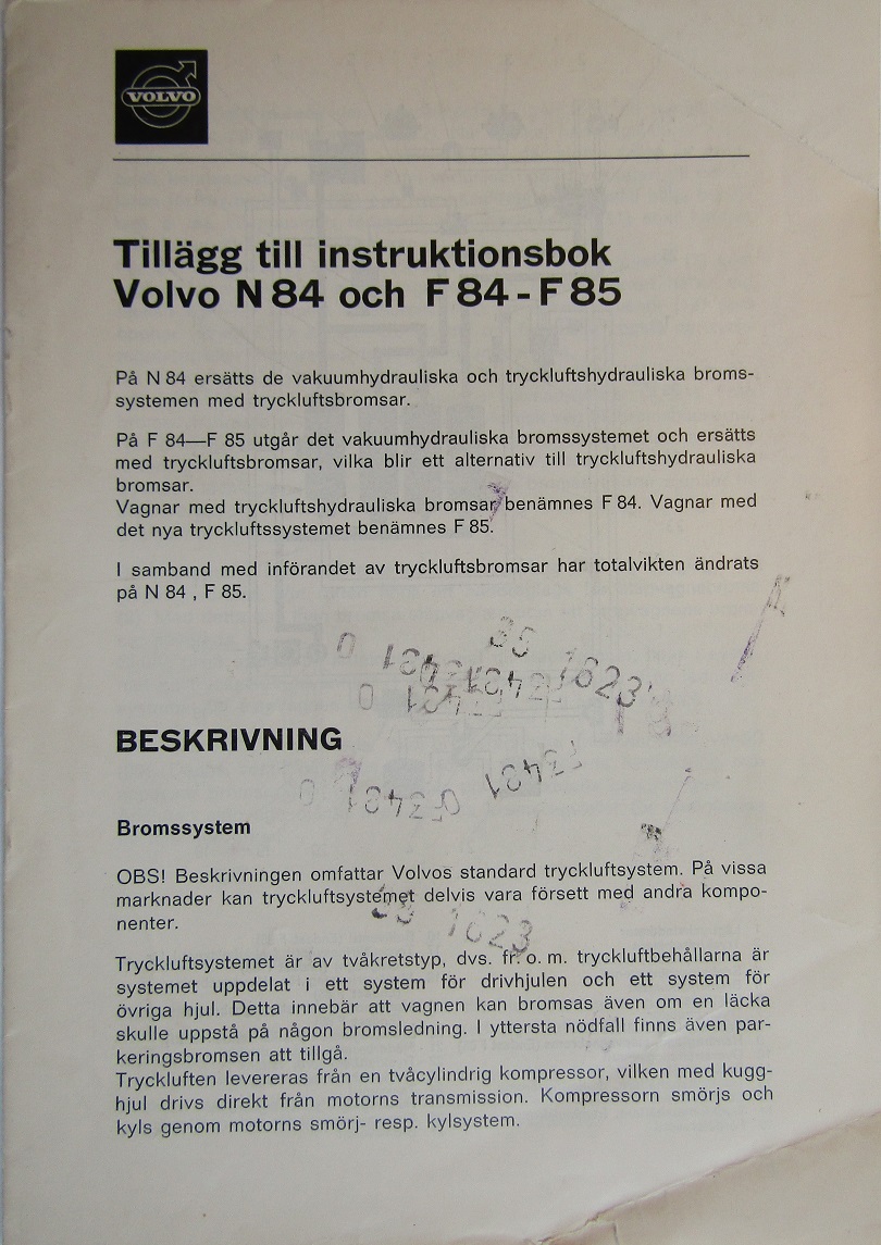 1971 Volvo N 84 F 85 F 84 Instruktionsbok tillägg 3.71