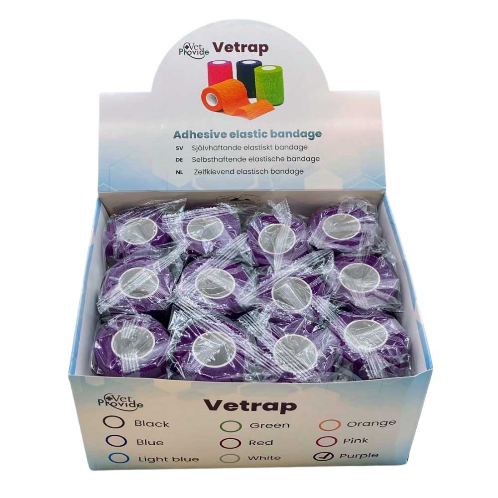VetProvide Vetrap zelfklevend verband grootverpakking met paarse rollen.