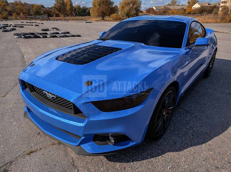 GT500 Style 1:1 Aluminium Huv - Olackad  (MUSTANG 15-17 V6, GT, Ecoboost) - 2