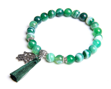 Grön Agat Armband med tofs och Hamsa / Fatimas hand