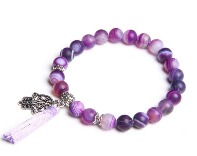 Lila Agat Armband med Tofs och Hamsa / Fatimas hand