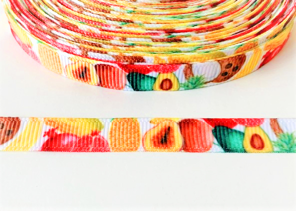 Printed ribbon fruits at white 10mm