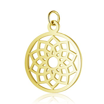 Rund chakra-berlock Sahasrara i guldfärgat rostfritt stål, yoga-berlock med lotusblomma för kronchakrat, ca 22,5 mm, visad i närbild.