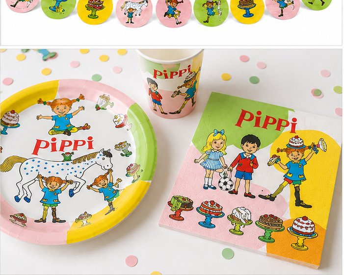 Närbild på Pippi Långstrump tallrik, mugg och servetter för barnkalas.