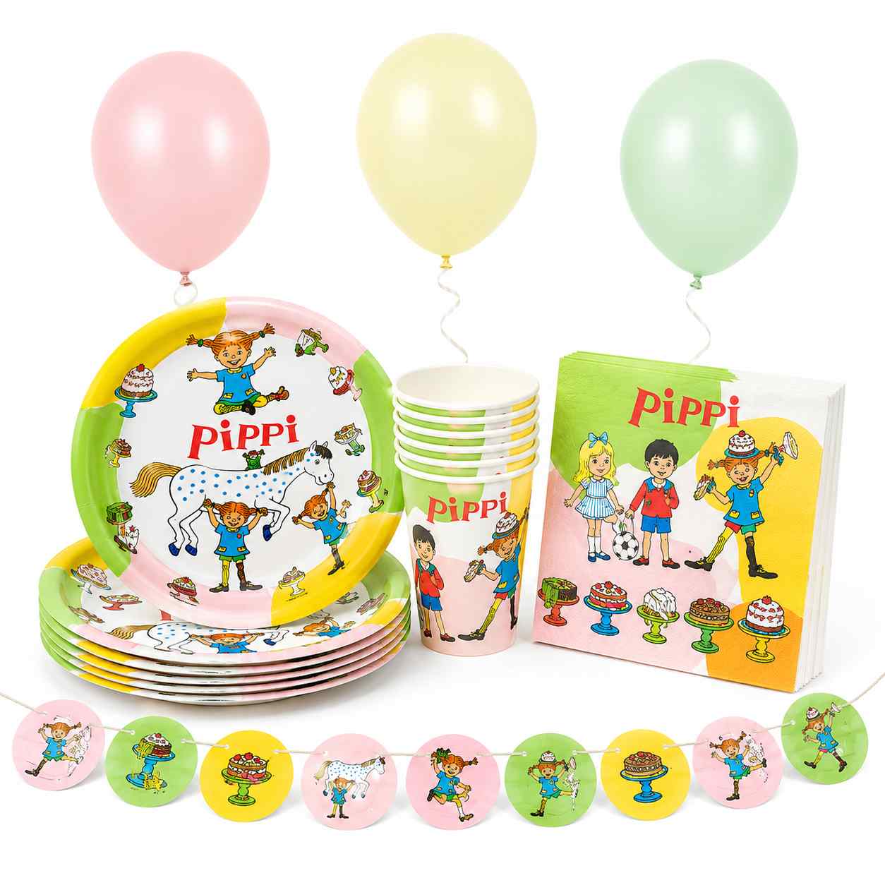 Pippi Långstrump kalaspaket för 8 personer med tallrikar, muggar, servetter, ballonger och girlang.