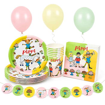 Pippi Långstrump kalaspaket för 8 personer med tallrikar, muggar, servetter, ballonger och girlang.