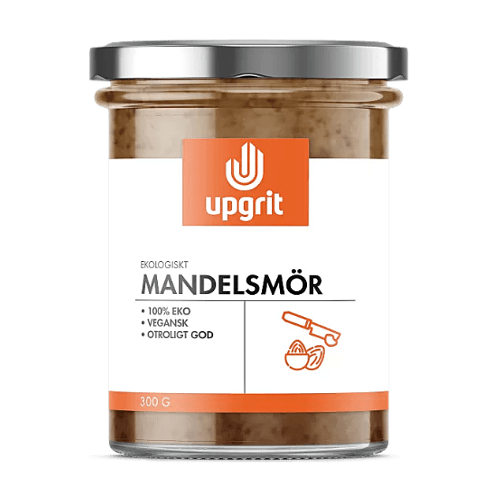 Ekologiskt mandelsmör från Upgrit gjort på rostade mandlar. I glasburk om 300 gram.