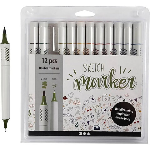 Sketch Marker, spets: 1+2-5 mm, mixade färger, 12st.