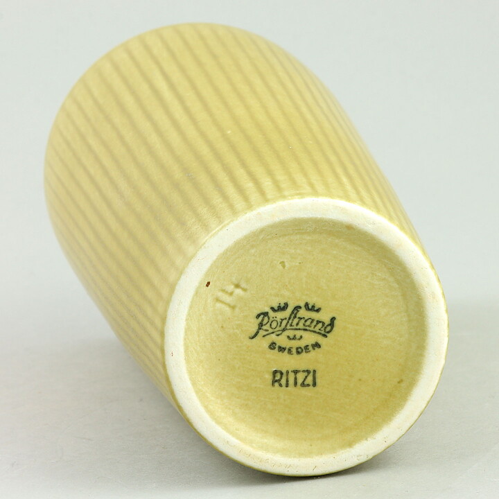 Gunnar Nylund (Ritzi 1960s) Yellow Cylinder Vase with Linear Relief 16 cm