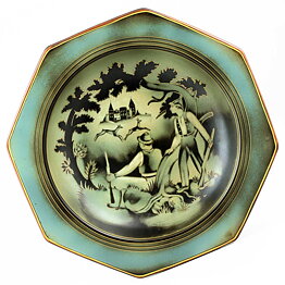 Gunnar Nylund (Flambé 1932) Octagonal Art Deco Bowl with Relaxed Hunters Motif 33 cm