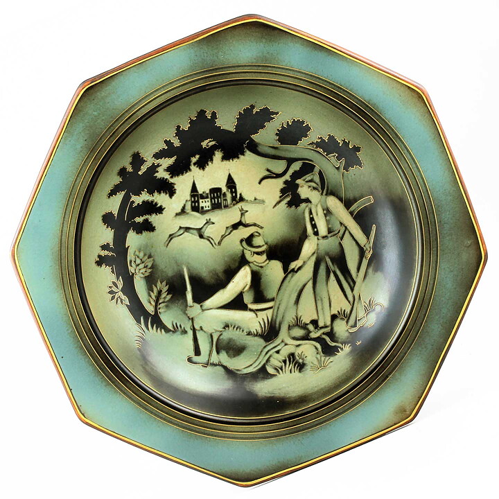 Gunnar Nylund (Flambé 1932) Octagonal Art Deco Bowl with Relaxed Hunters Motif 33 cm