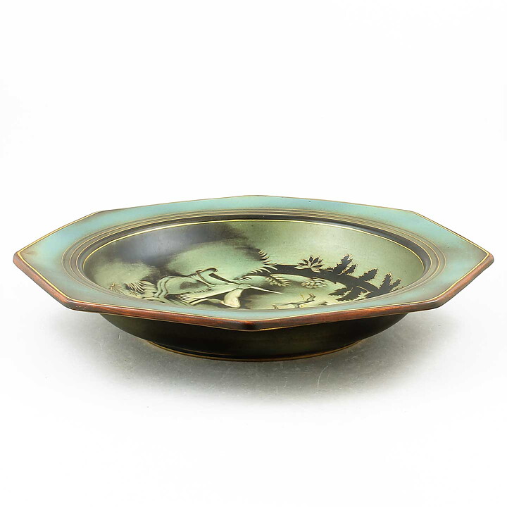 Gunnar Nylund (Flambé 1932) Octagonal Art Deco Bowl with Relaxed Hunters Motif 33 cm