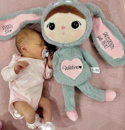 Grau-rosa Hase 48 cm - Puppe mit dem Namen des Kindes  - 14
