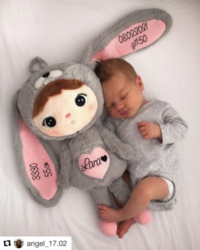 Grau-rosa Hase 48 cm - Puppe mit dem Namen des Kindes  - 16