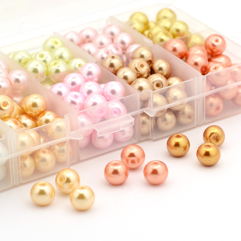 Pärlmix i förvaringsask, 8mm Vaxade, ca 250st pärlor, Pink gold - 2