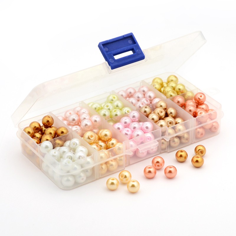 Pärlmix i förvaringsask, 8mm Vaxade, ca 250st pärlor, Pink gold