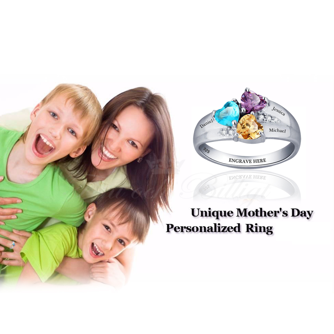 Trinity Family - Familiering Graver navn Hjerteskåret Cubic Zirconia Forskellige farver 925s sølvring - 5
