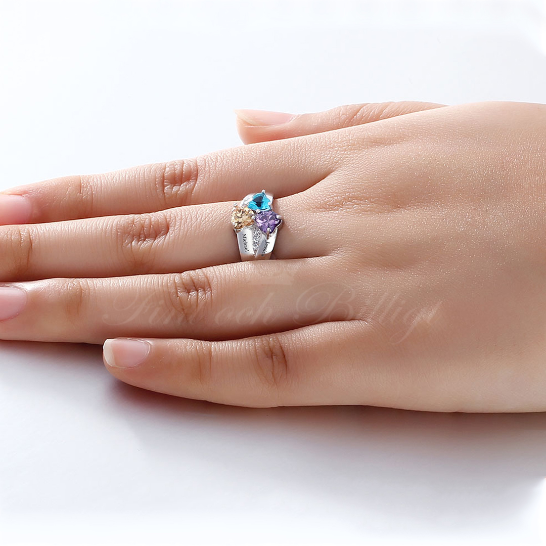 Trinity Family - Familiering Graver navn Hjerteskåret Cubic Zirconia Forskellige farver 925s sølvring - 4
