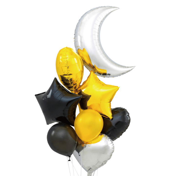 Ballongbukett | 8-pack | Måne | Svart, silver och guld