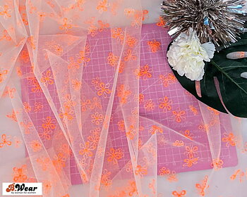 Vit & Orange blom broderad mesh tyll