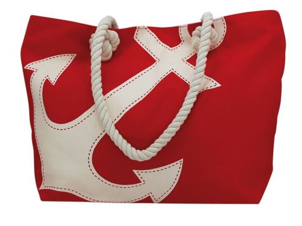 Shopping-bag with anchor print, red/natural, cotton, 39/50x36x12cm