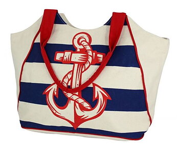 Shopping-bag with anchor print, natural/blue/red, 40/52x17x32cm