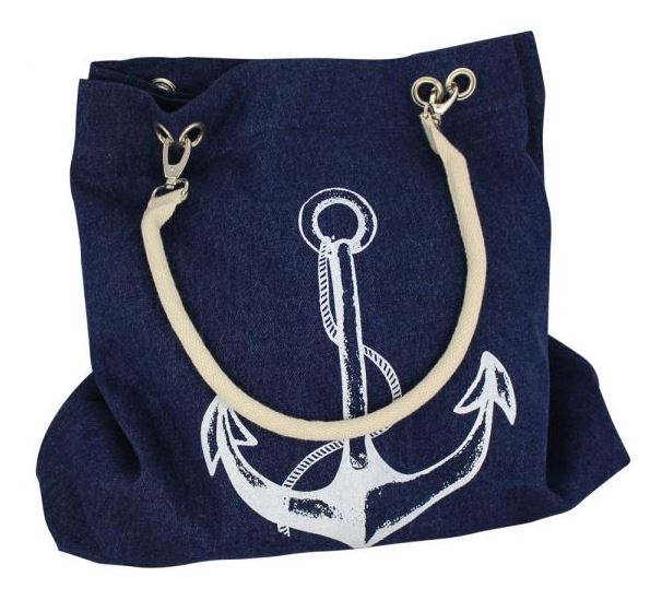 Shopping-bag, denim with anchor & wheel print, blue/white, cotton, 48/60x14x47cm