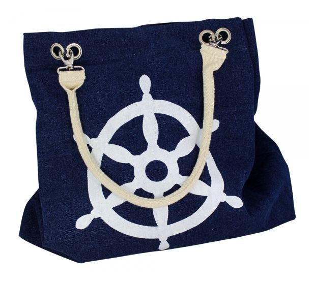 Shopping-bag, denim with anchor & wheel print, blue/white, cotton, 48/60x14x47cm - 2
