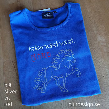 Nr 101 T-Tröja dam islandsblå med islandshäst silver texte islandshäst nörd tryck 