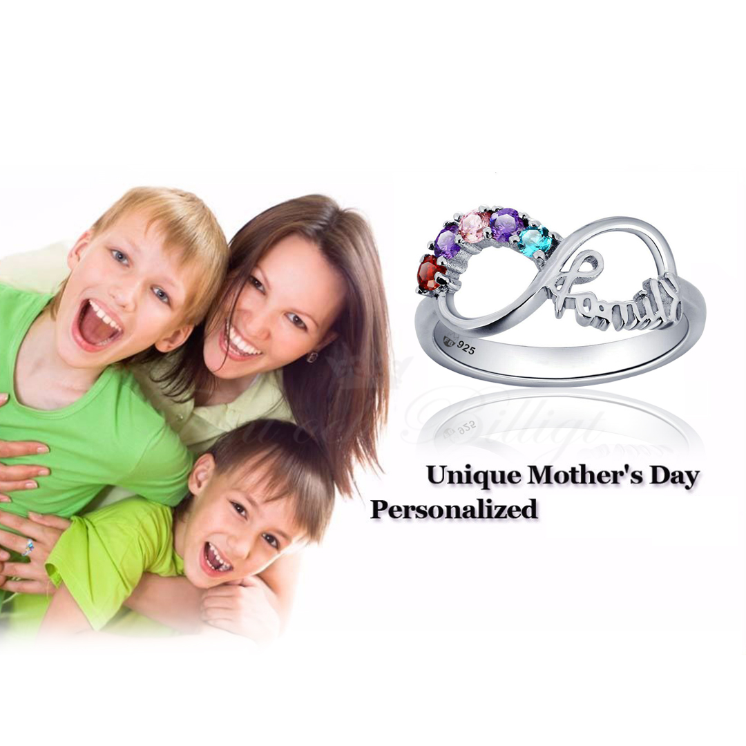 Infinity Family - Family Ring Round Cut Cubic Zirconia Various Colors 925s Silver Ring - 5