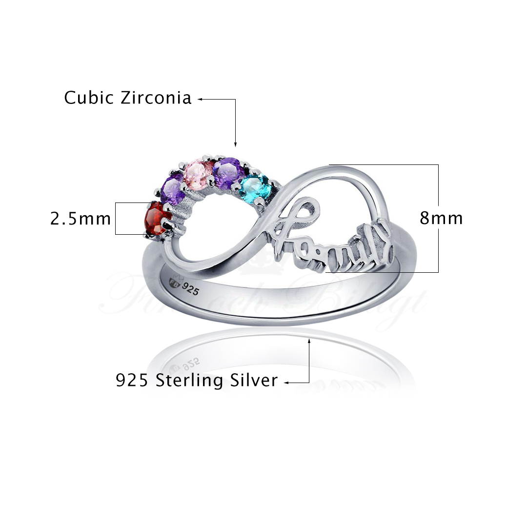 Infinity Family - Family Ring Round Cut Cubic Zirconia Various Colors 925s Silver Ring - 6