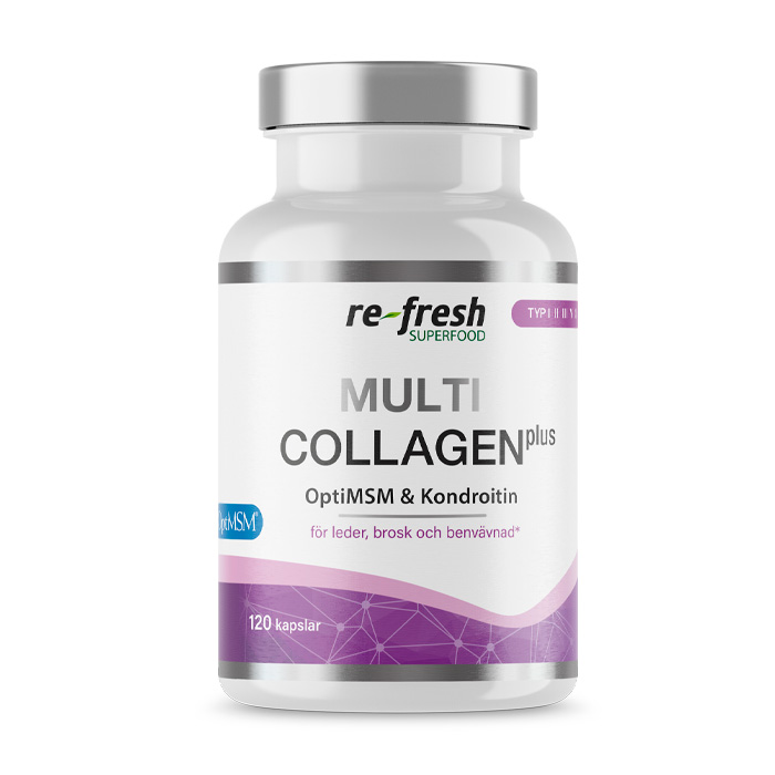 Multi Collagen Plus kollagentillskott från Re-fresh Superfood i burk om 120 kapslar 