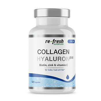 Collagen Hyaluron Plus kollagentillskott från Re-fresh Superfood i burk om 120 kapslar 