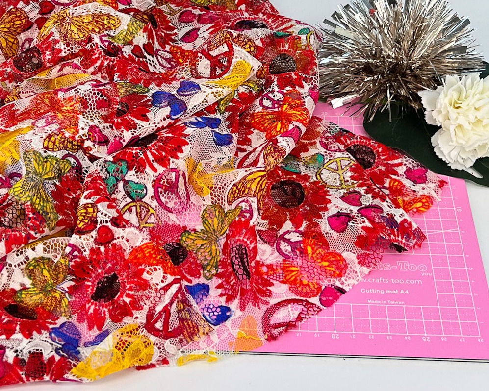 Butterfly Sunflower in Red Printed Allover Stretch Lace 