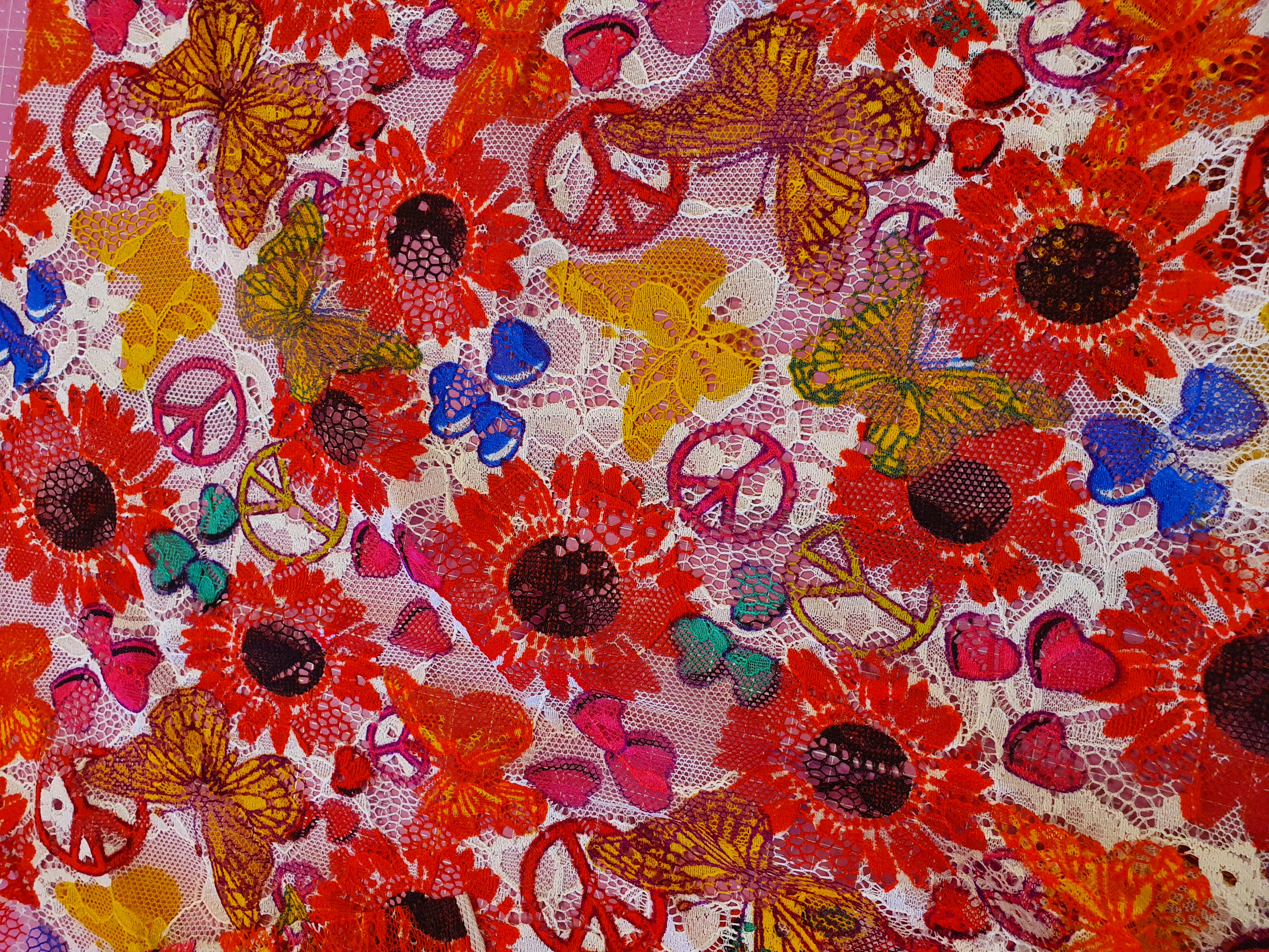 Butterfly Sunflower in Red Printed Allover Stretch Lace  - 2