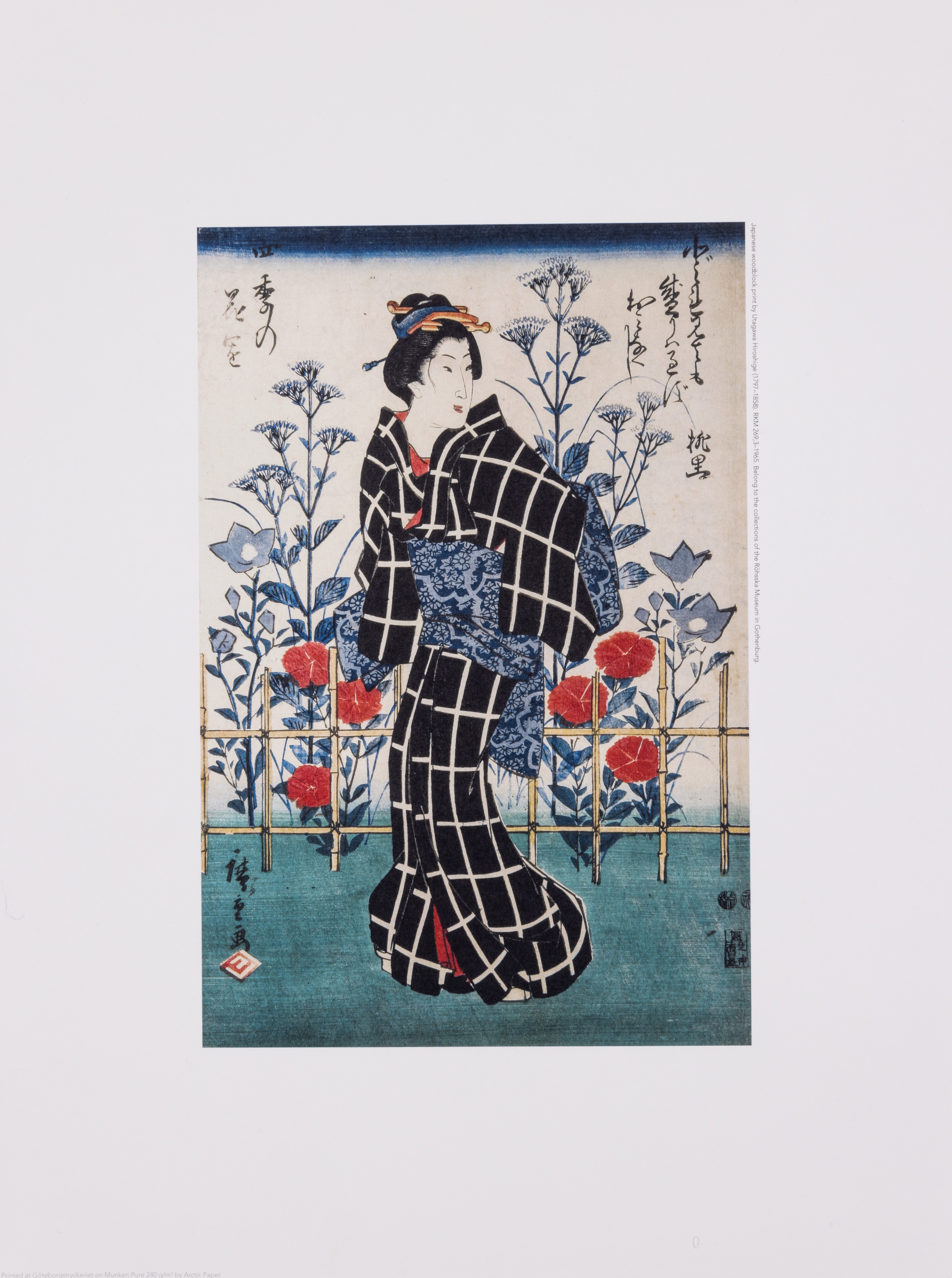 Kvinna i rutig kimono, japanskt träsnitt