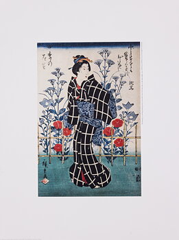 Kvinna i rutig kimono, japanskt träsnitt