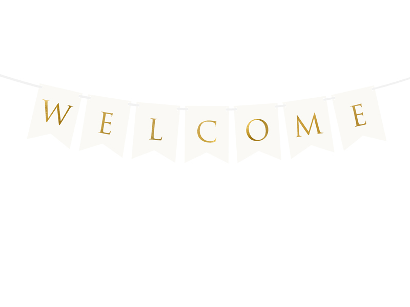 Vimpel | "Welcome" | Vit med guldtext -1