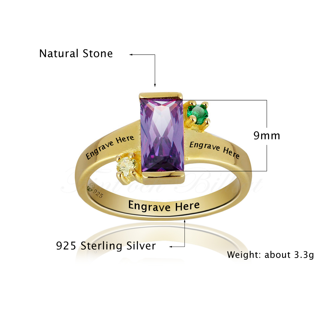 Golden Family - Family Ring Purple Rectangular Stone Engrave Name Cubic Zirconia Different Colors 925s Silver Ring - 4