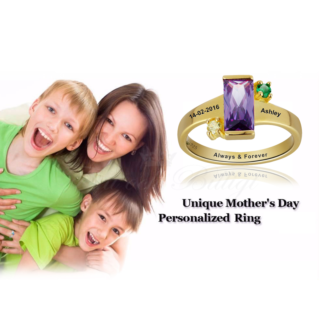 Golden Family - Family Ring Purple Rectangular Stone Engrave Name Cubic Zirconia Different Colors 925s Silver Ring - 5