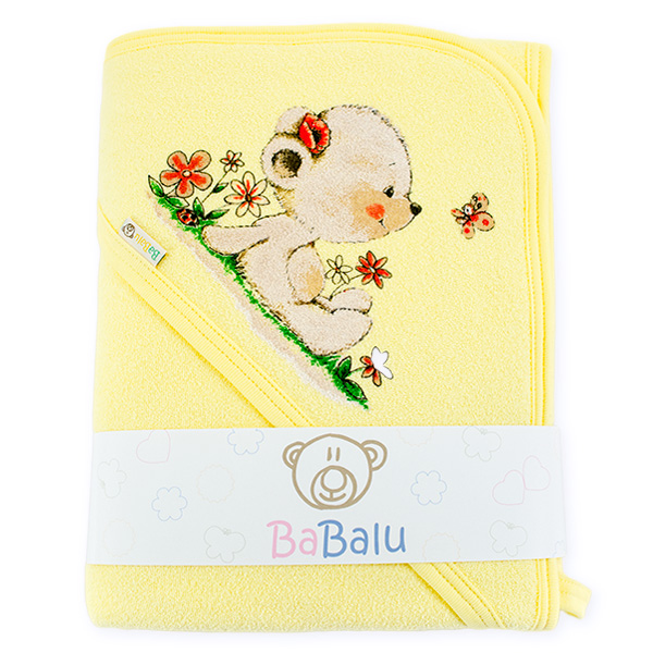 Badehåndkle for barn med navn, søt gul bamse