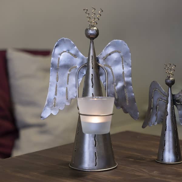 Stor ängel med ljuslykta i glas, hamrad plåt, 30 cm - 2