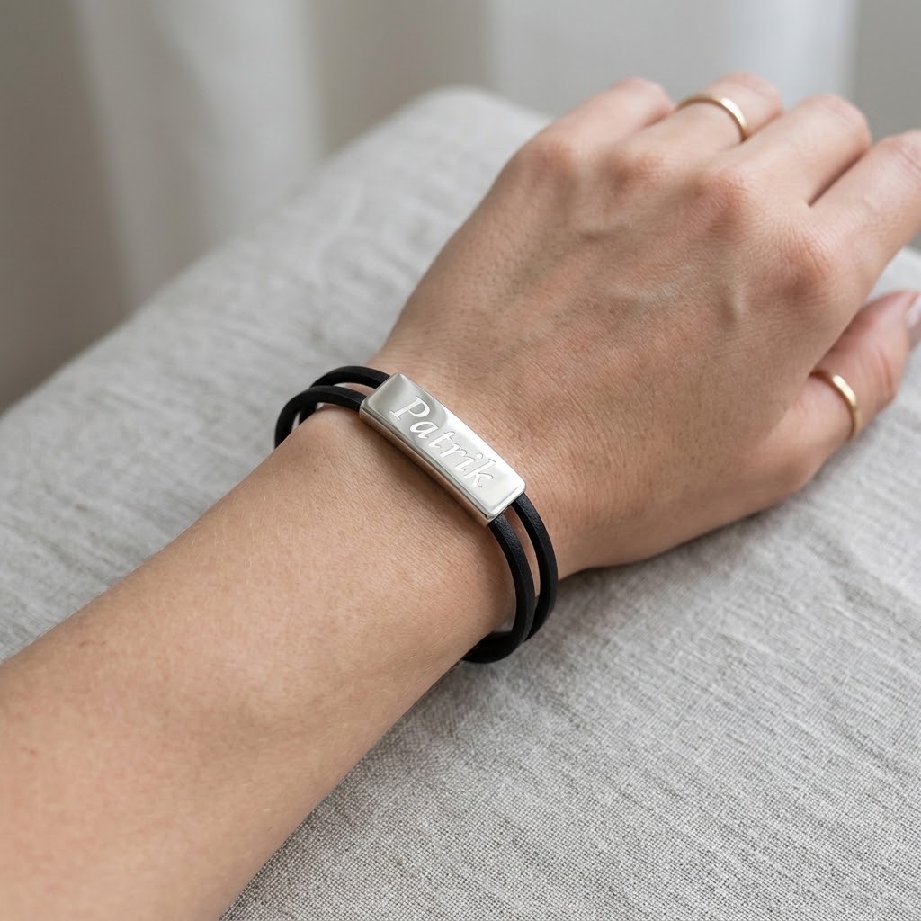 Svart personligt läder armband med gravyr - Rostfritt stål - 4