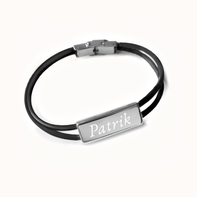Sort personligt læderarmbånd med indgravering - Rustfrit stål
