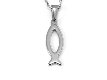 Ichthys Halsband i Rostfritt Stål, Kristen Symbol Hänge, Kristendom Accessoar, Jesusfisk Smycke