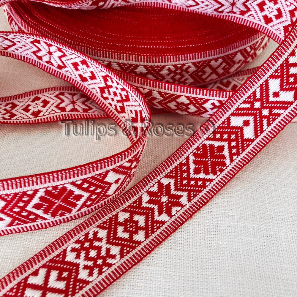 Folk art ribbon 25 mm red on white with stripes 1496-1