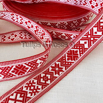 Folk art ribbon 25 mm red on white with stripes 1496-1